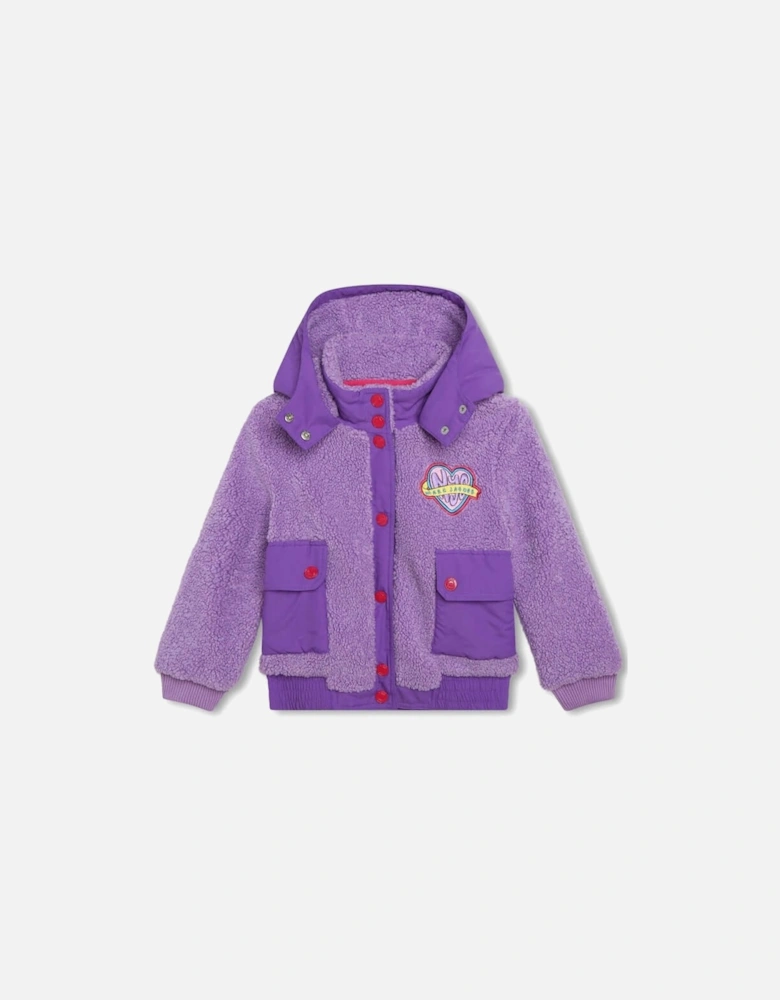 Girls Purple Faux Shearling Hooded Jacket