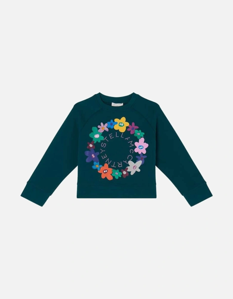 Girls Teal Cotton Flower Print Sweatshirt