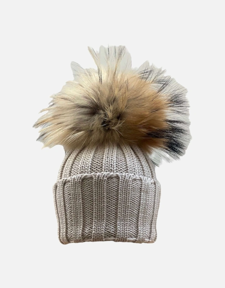 Beige Marino Wool Fur Pom Pom Hat