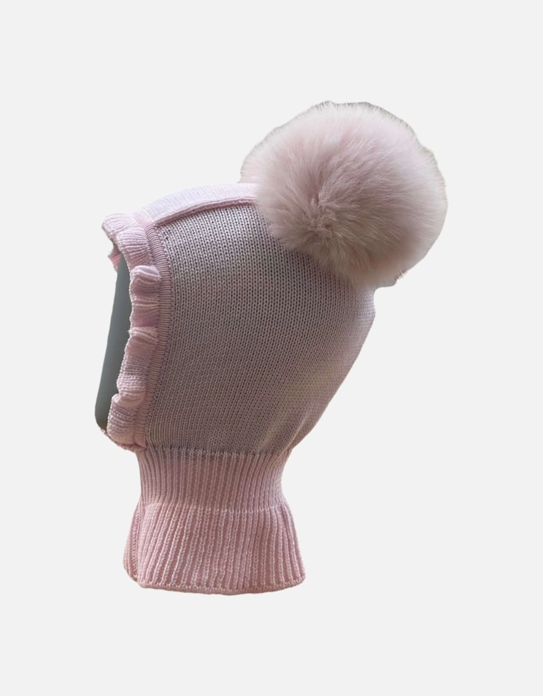 Baby Pink Merino Wool Balaclava Style Fur Pom Pom Hat