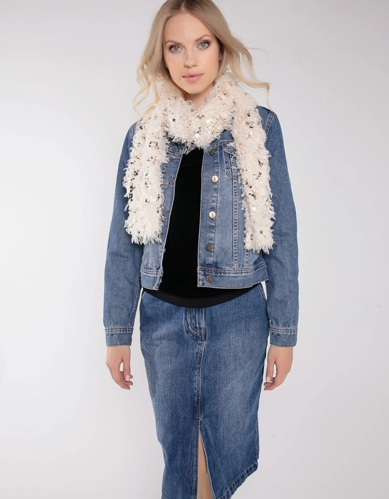 HARLOW SEQUIN AND FAUX FUR SCARF-CREAM