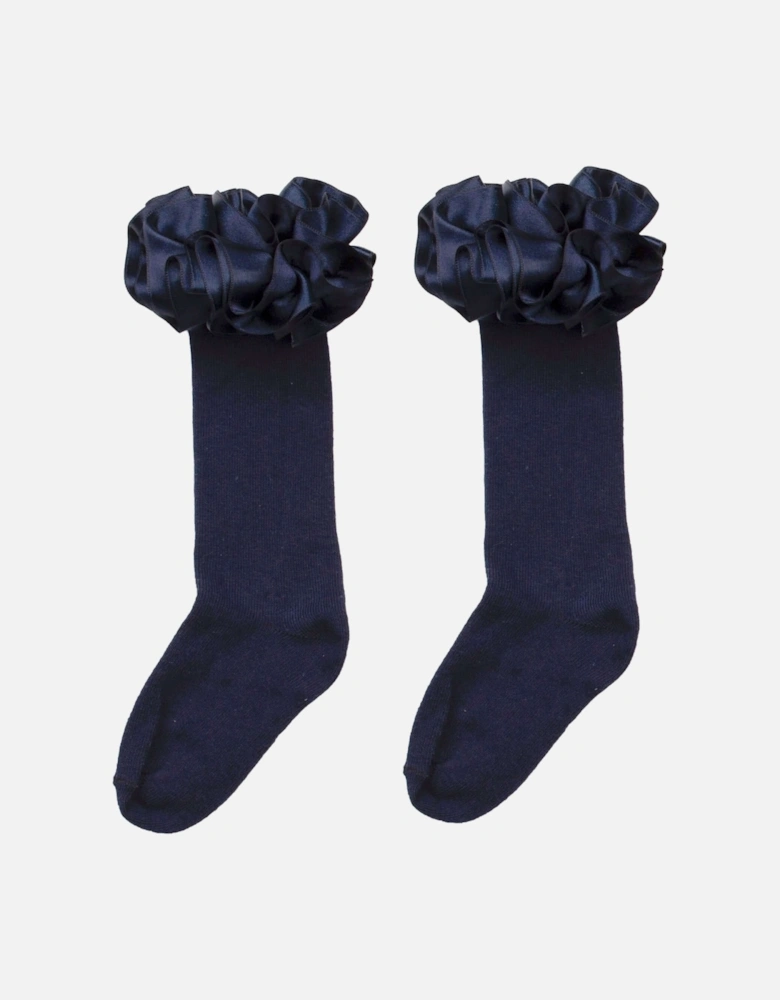 Girls Navy Ruffle Ribbon Knee Length Socks