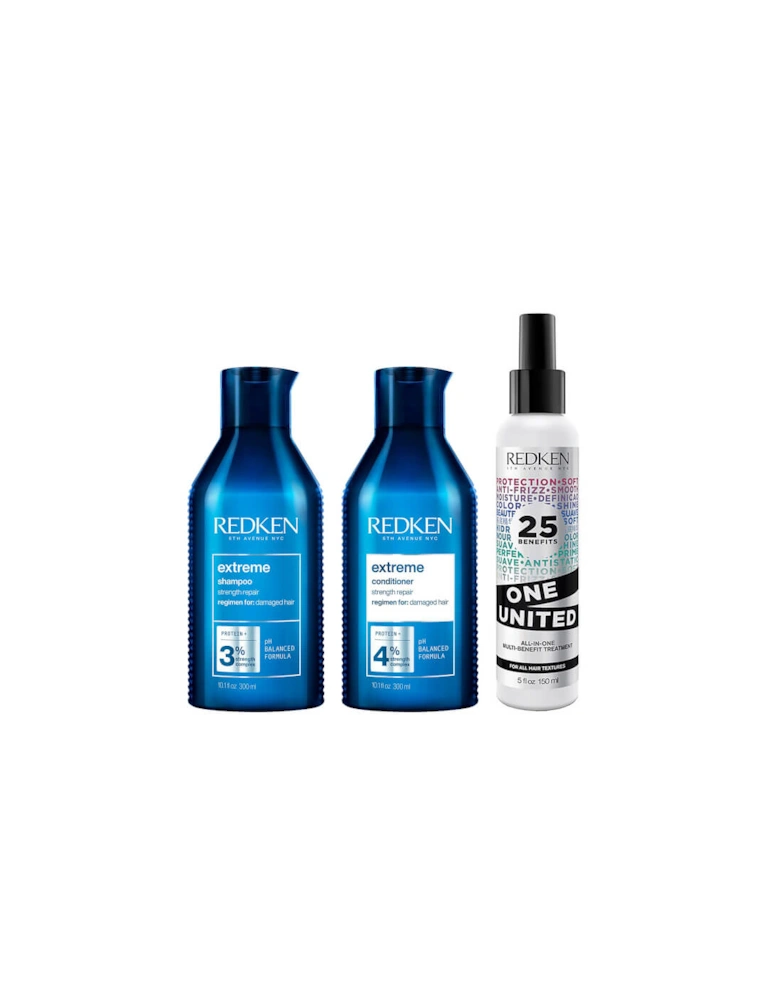 Extreme Shampoo, Conditioner and One United Multi-Benefit Leave-in Treatment, Strength Repair Bundle for Damaged Hair