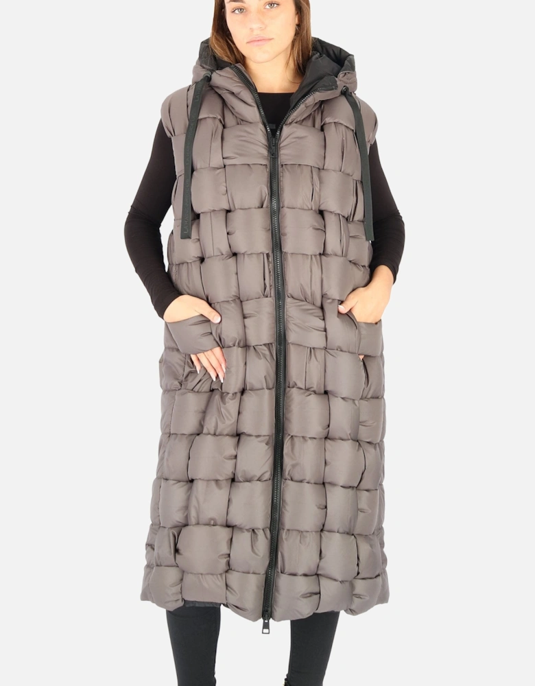 Quilted Woven Grey Hooded Longline Gilet