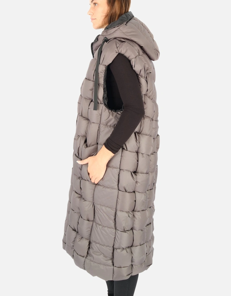 Quilted Woven Grey Hooded Longline Gilet