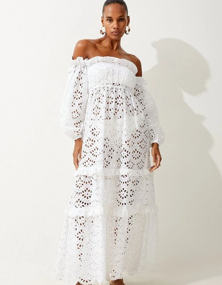 Off Shoulder Broderie Maxi Beach Woven Dress