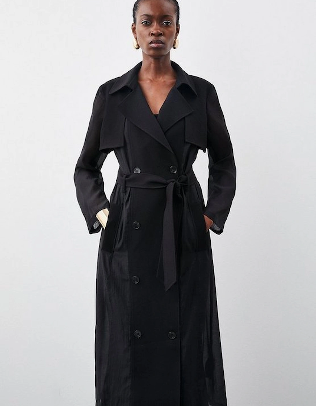 Sheer Panel Detailed Belted Trench Coat