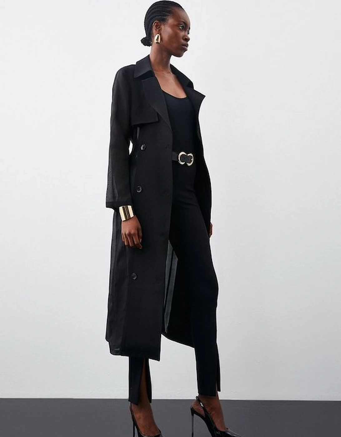 Sheer Panel Detailed Belted Trench Coat, 5 of 4