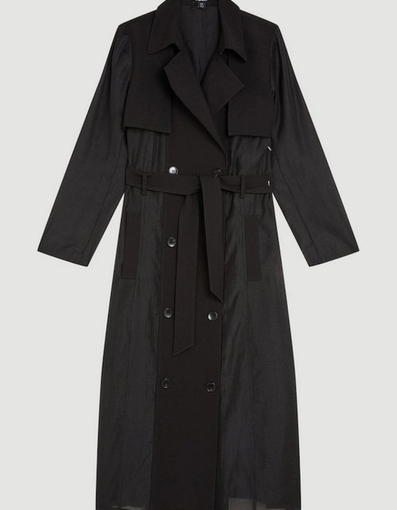 Sheer Panel Detailed Belted Trench Coat