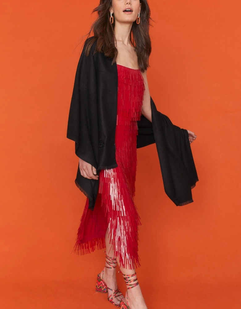 Cashmere Blend Wrap in Black with Fringed hem and Logo