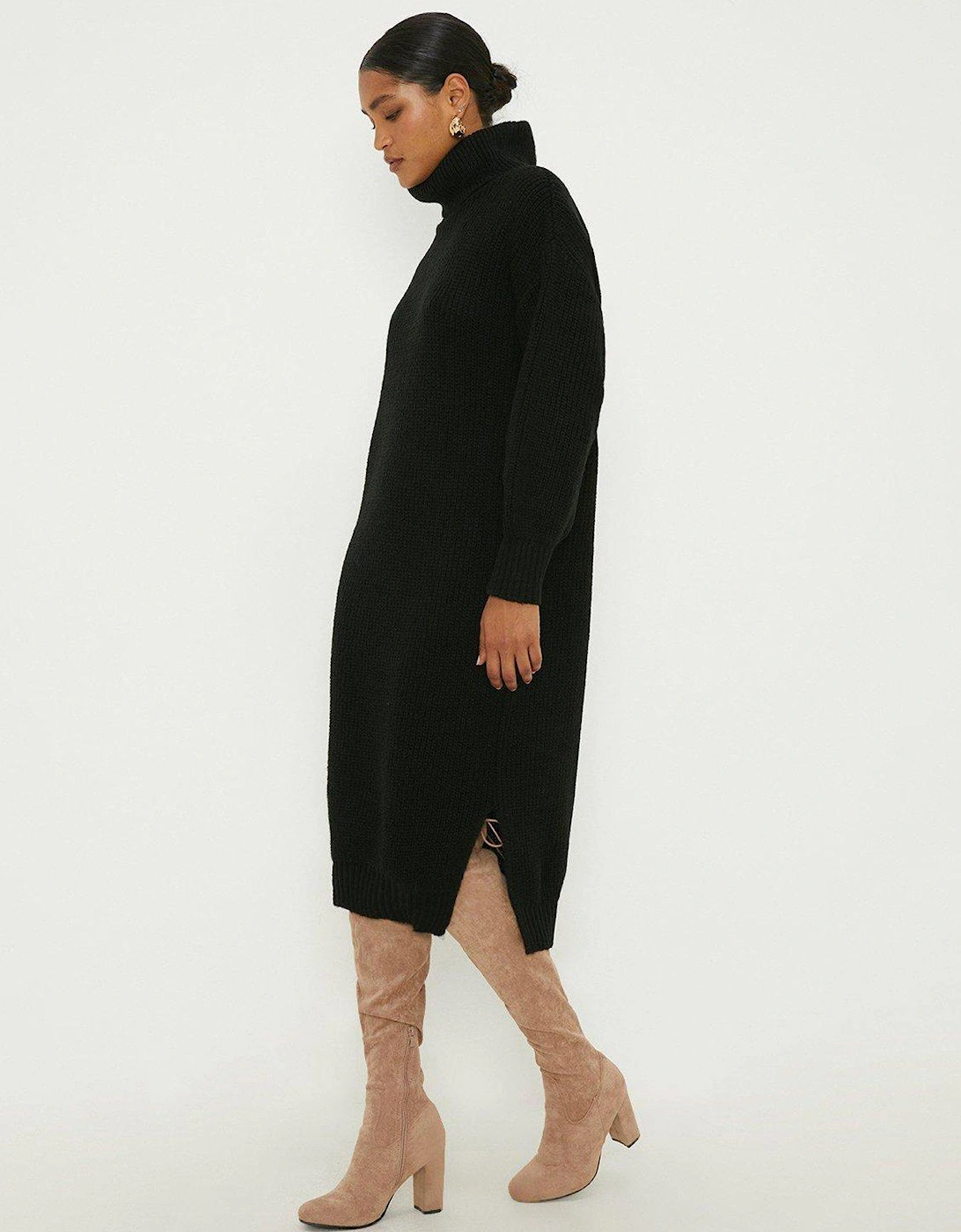 Chunky Roll Neck Knitted Midi Dress - Black, 3 of 2