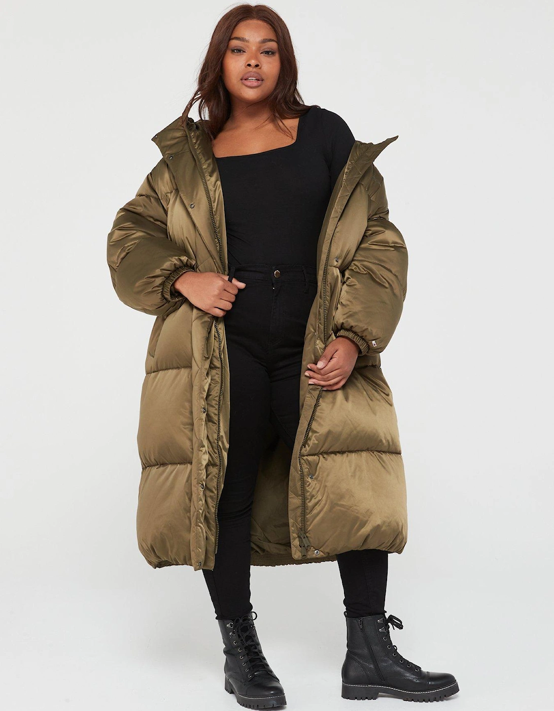 Curve Longline Satin Puffer Jacket - Olive Green, 6 of 5