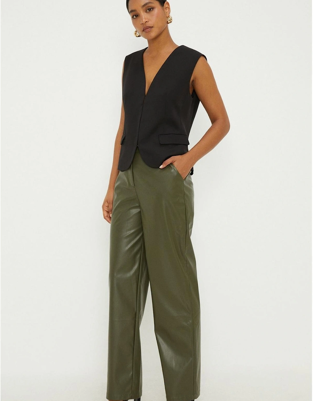 Faux Leather Straight Leg Trouser - Olive, 3 of 2