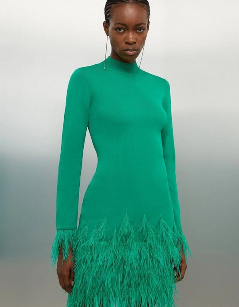 Viscose Blend Feather Detail Knit Mini Dress