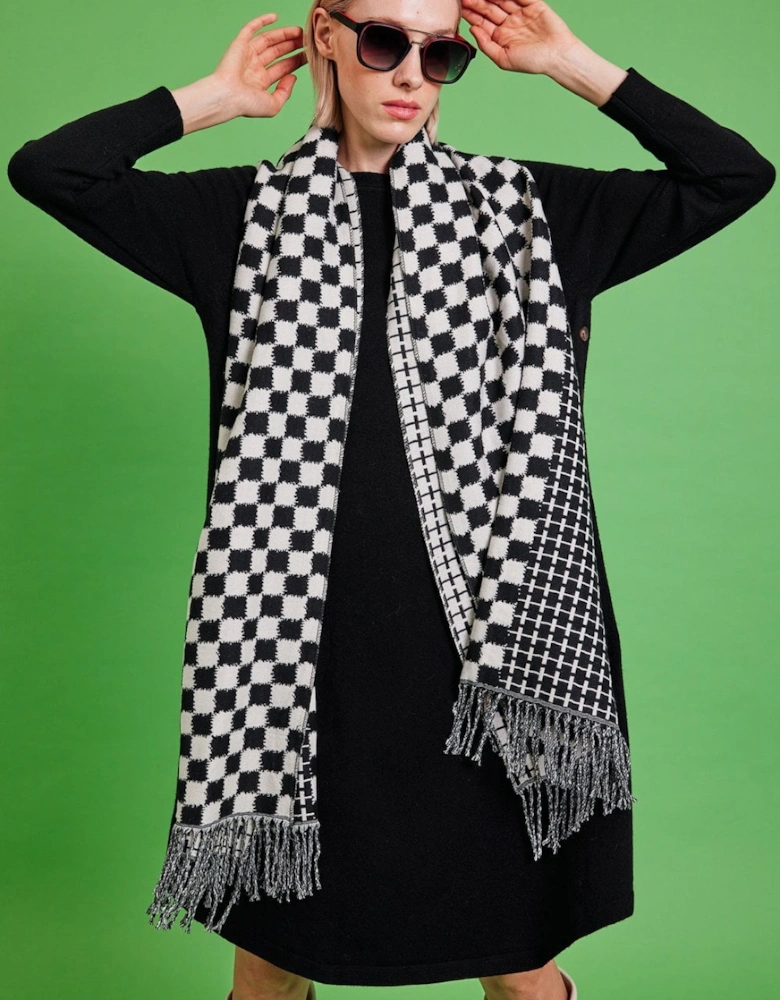 Oversized Checkered Cashmere Scarf with Tassels