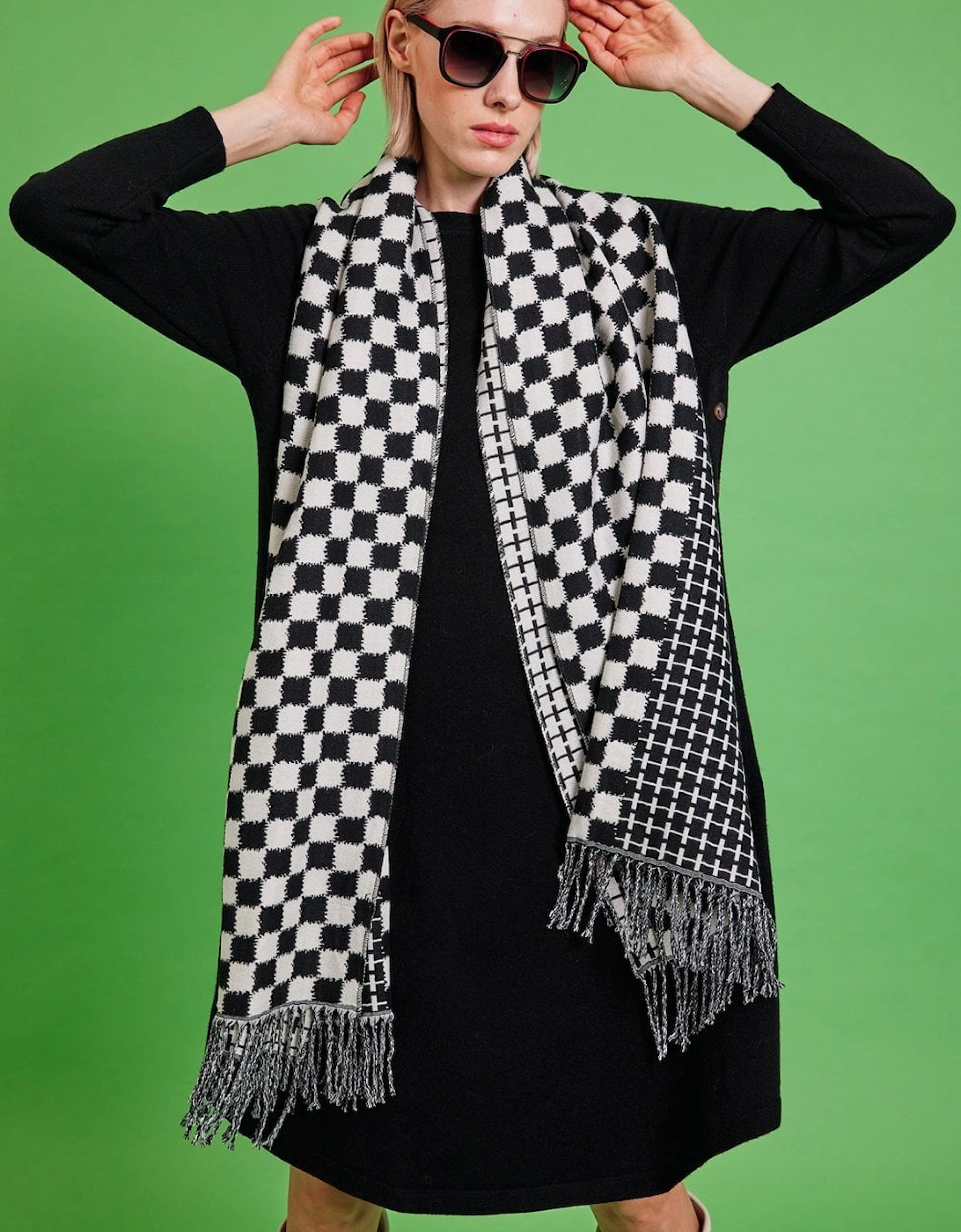 Oversized Checkered Cashmere Scarf with Tassels, 3 of 2