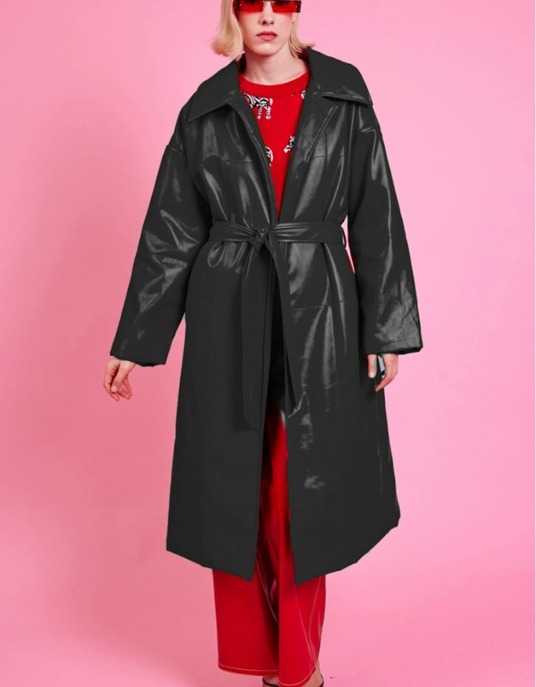 Black Maxi Eco Leather Puffer Coat