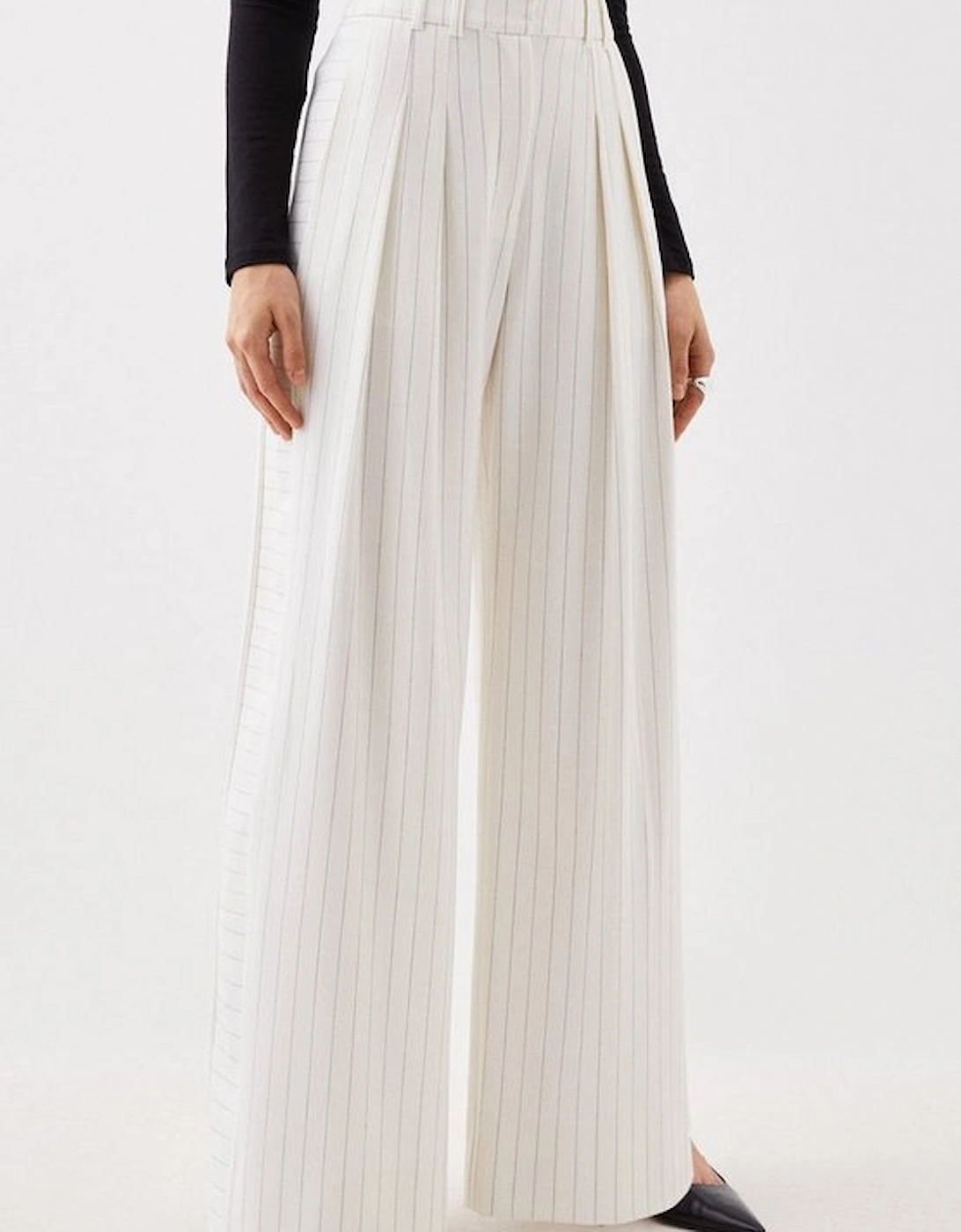Tailored Compact Stretch Pinstripe High Waisted Wide Leg Trousers