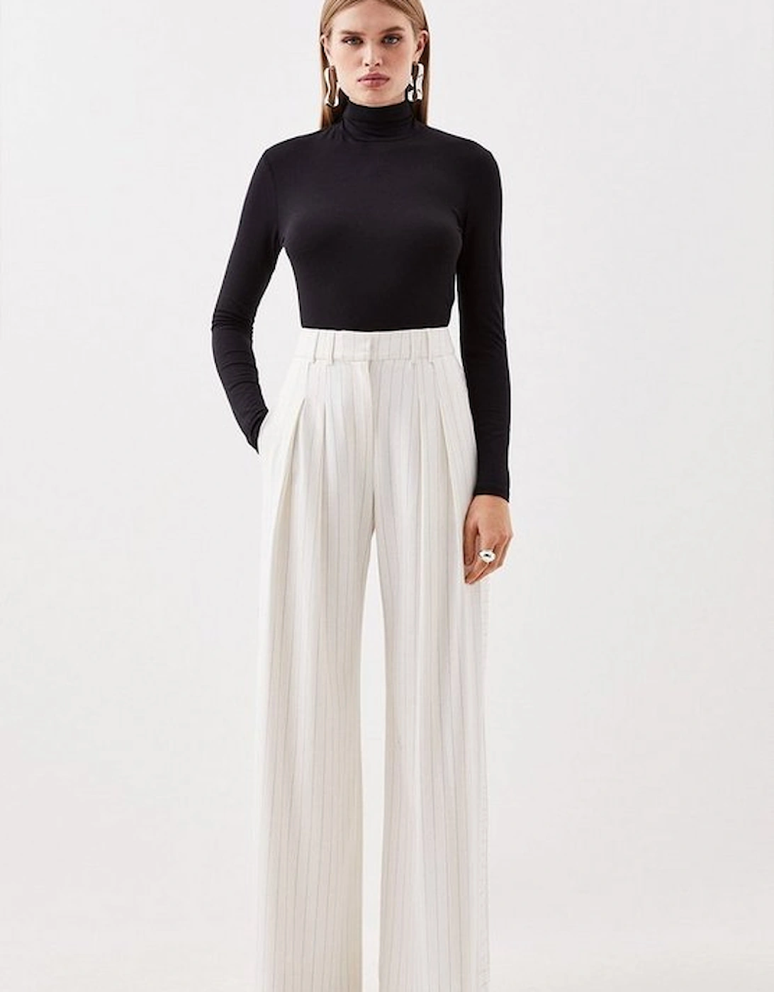 Tailored Compact Stretch Pinstripe High Waisted Wide Leg Trousers, 5 of 4