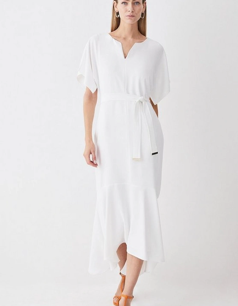 Soft Tailored Tie Belt Relaxed Sleeve High Low Midi Dress