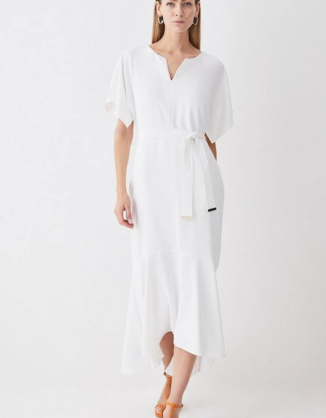 Soft Tailored Tie Belt Relaxed Sleeve High Low Midi Dress, 5 of 4