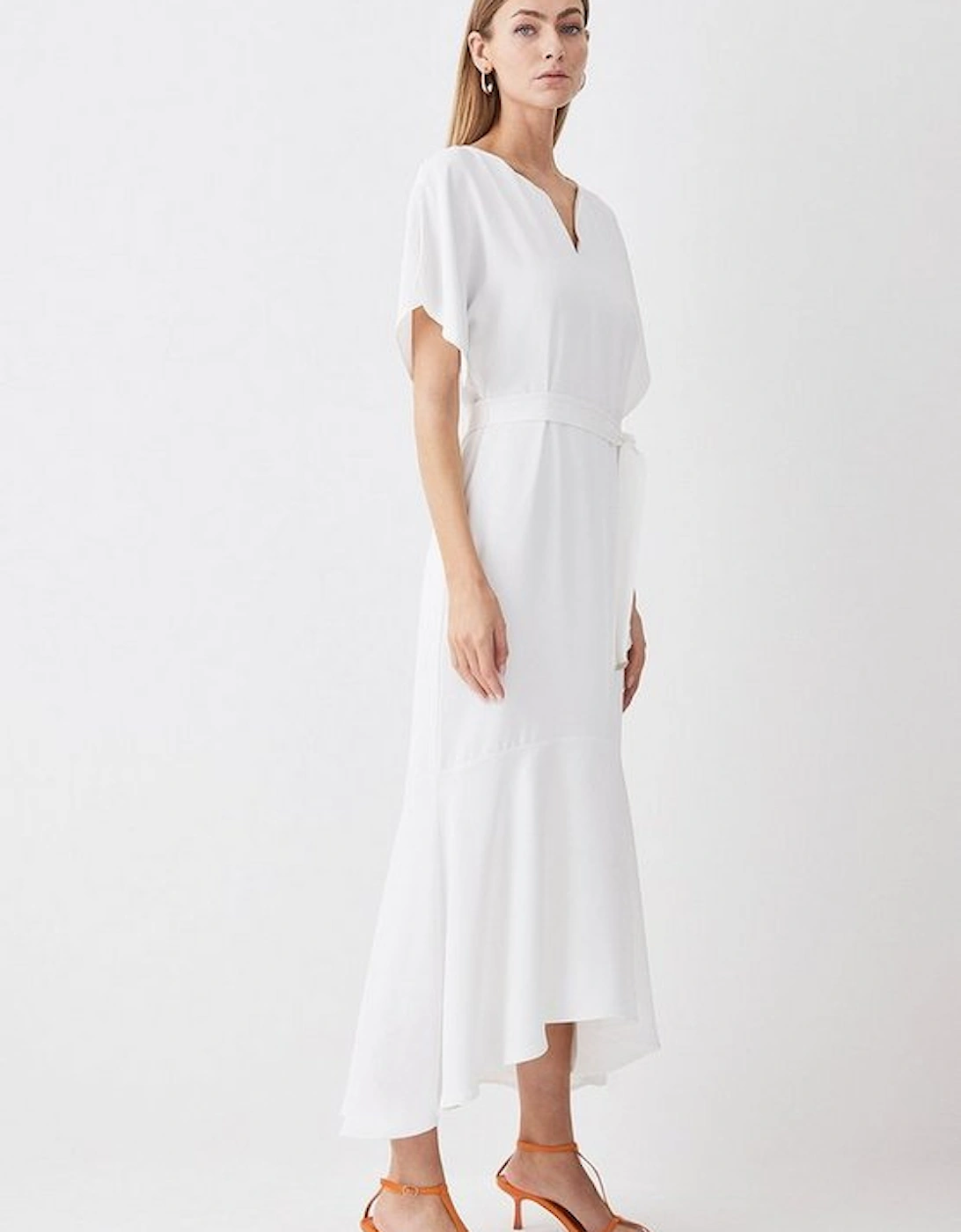 Soft Tailored Tie Belt Relaxed Sleeve High Low Midi Dress