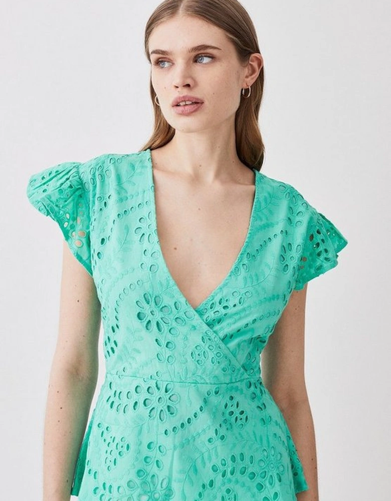 Cotton Broderie Ruffle Woven Sleeve Top