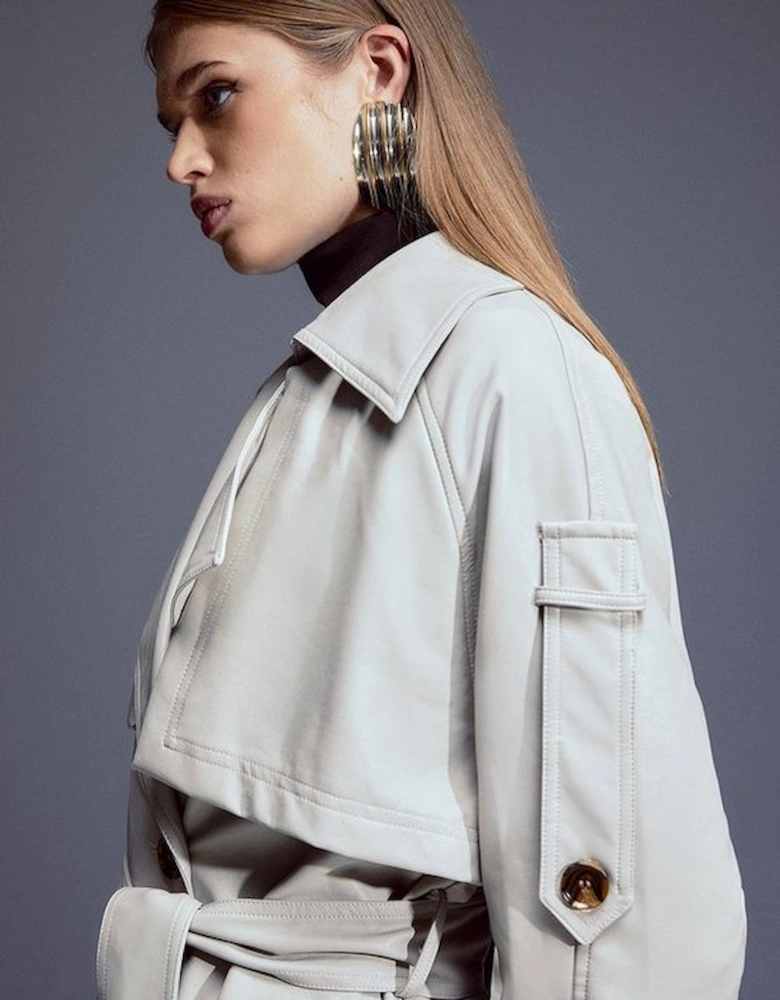 Faux Leather Tailored Belted Storm Flap Trench Coat