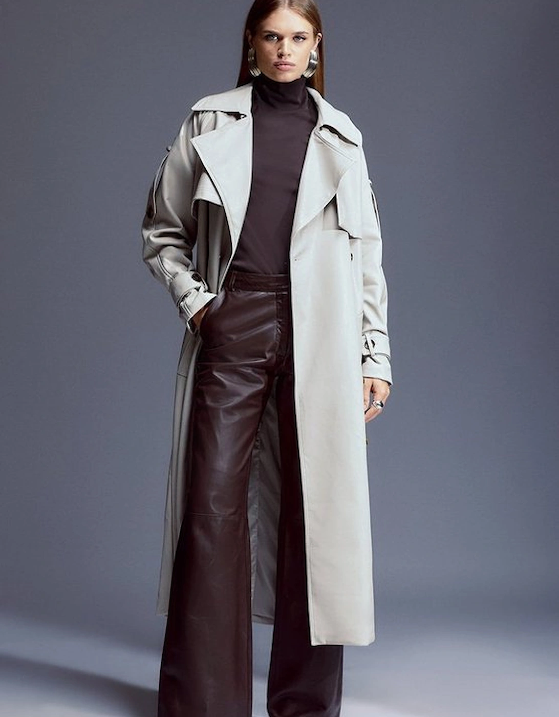 Faux Leather Tailored Belted Storm Flap Trench Coat