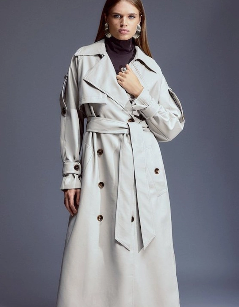 Faux Leather Tailored Belted Storm Flap Trench Coat