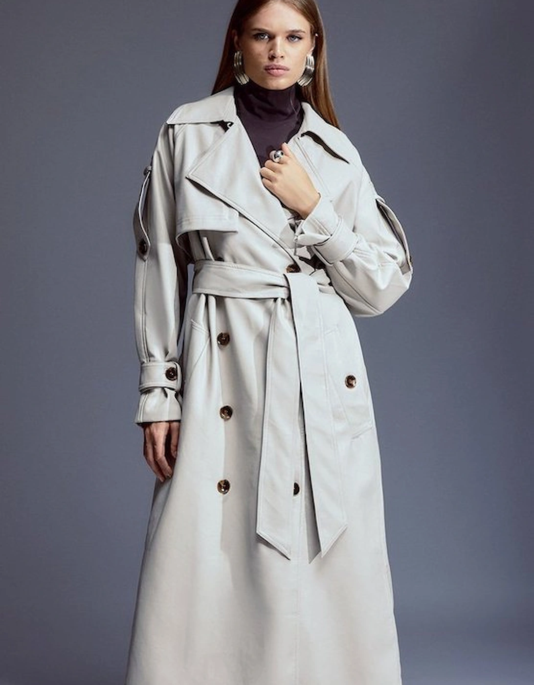 Faux Leather Tailored Belted Storm Flap Trench Coat, 5 of 4