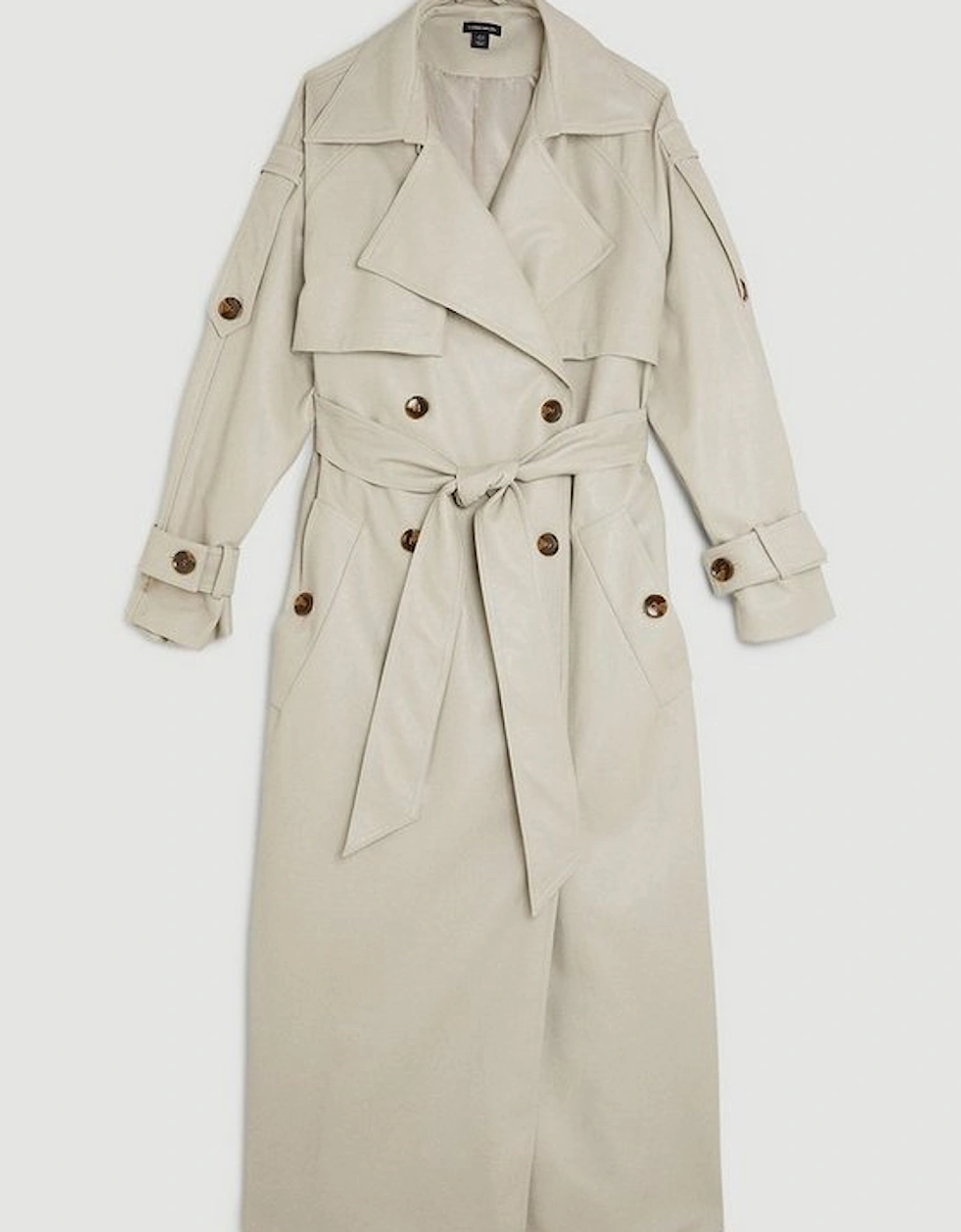 Faux Leather Tailored Belted Storm Flap Trench Coat