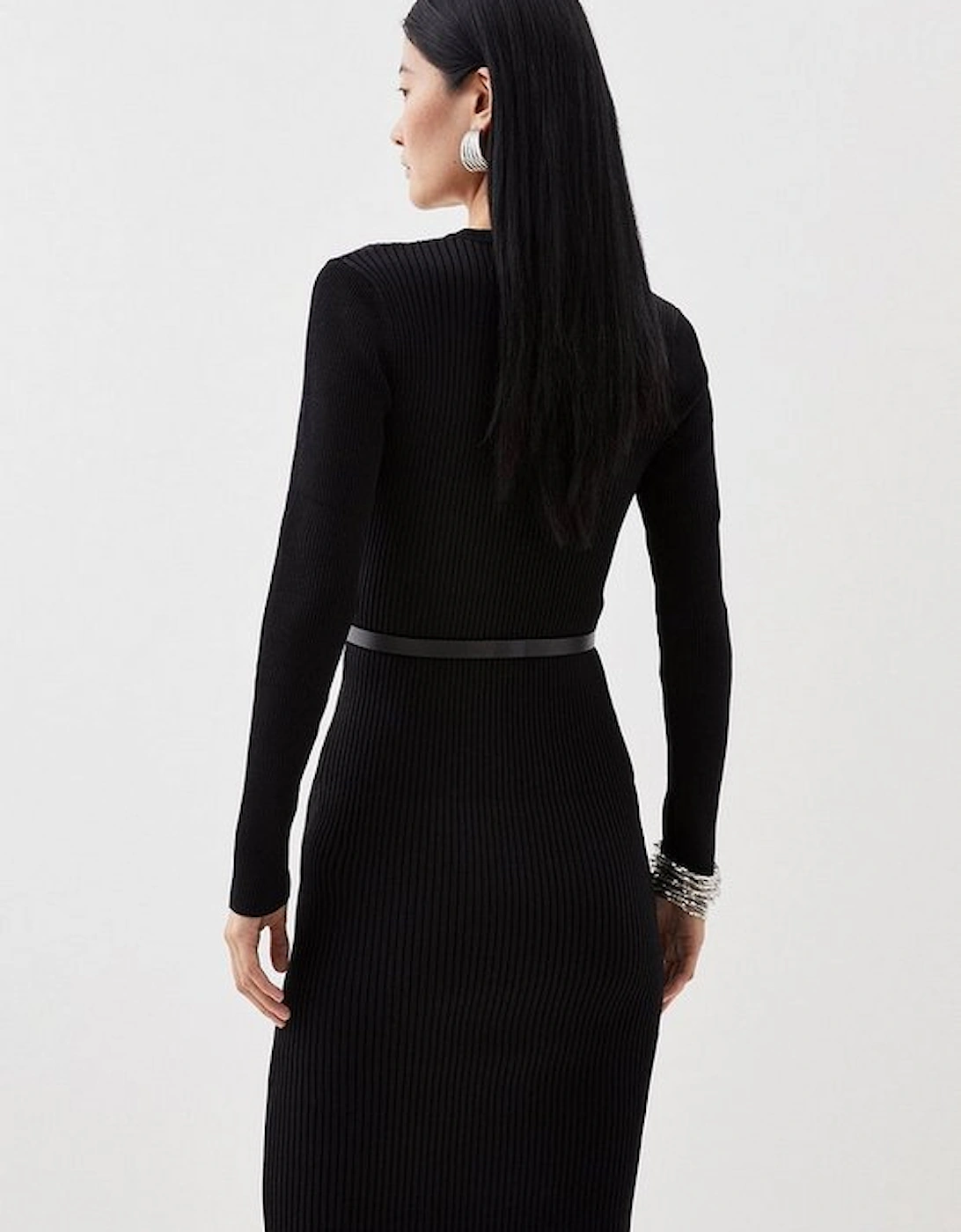 Viscose Blend Rib Knit Belted Midi Dress