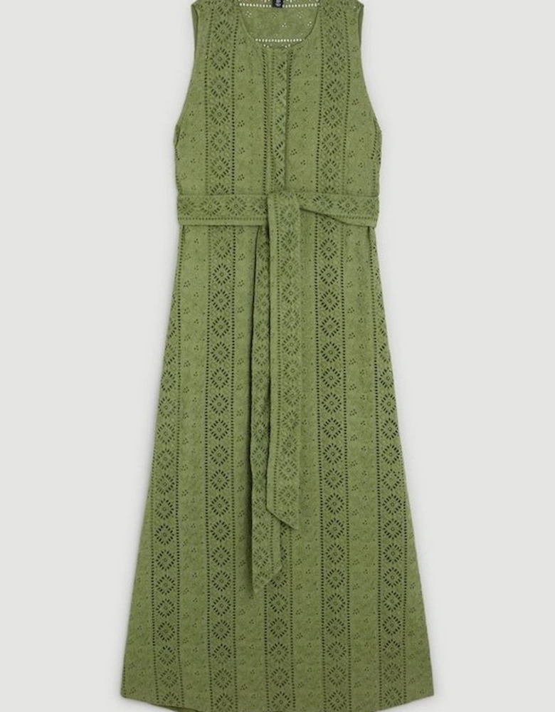 Cotton Broderie Belted Sleeveless Woven Midaxi Dress