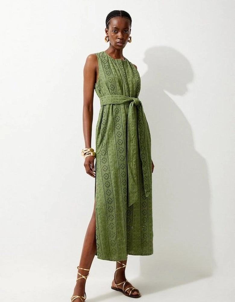Cotton Broderie Belted Sleeveless Woven Midi Dress