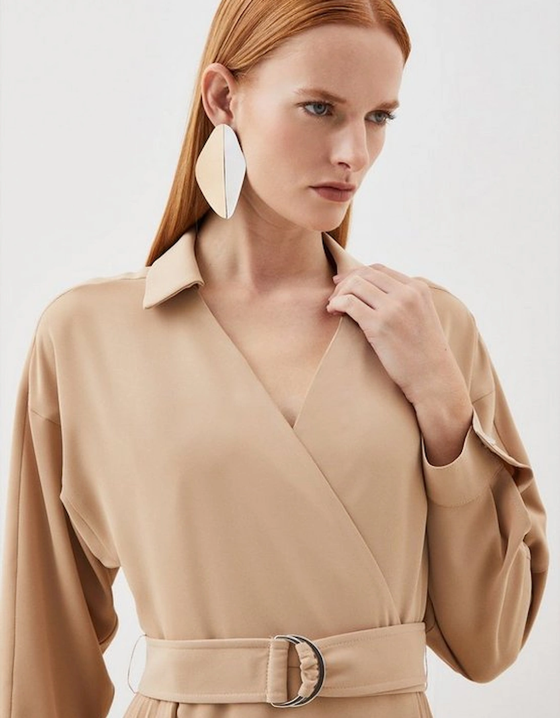 Soft Tailored Pleat Detail Belted Shirt Dress