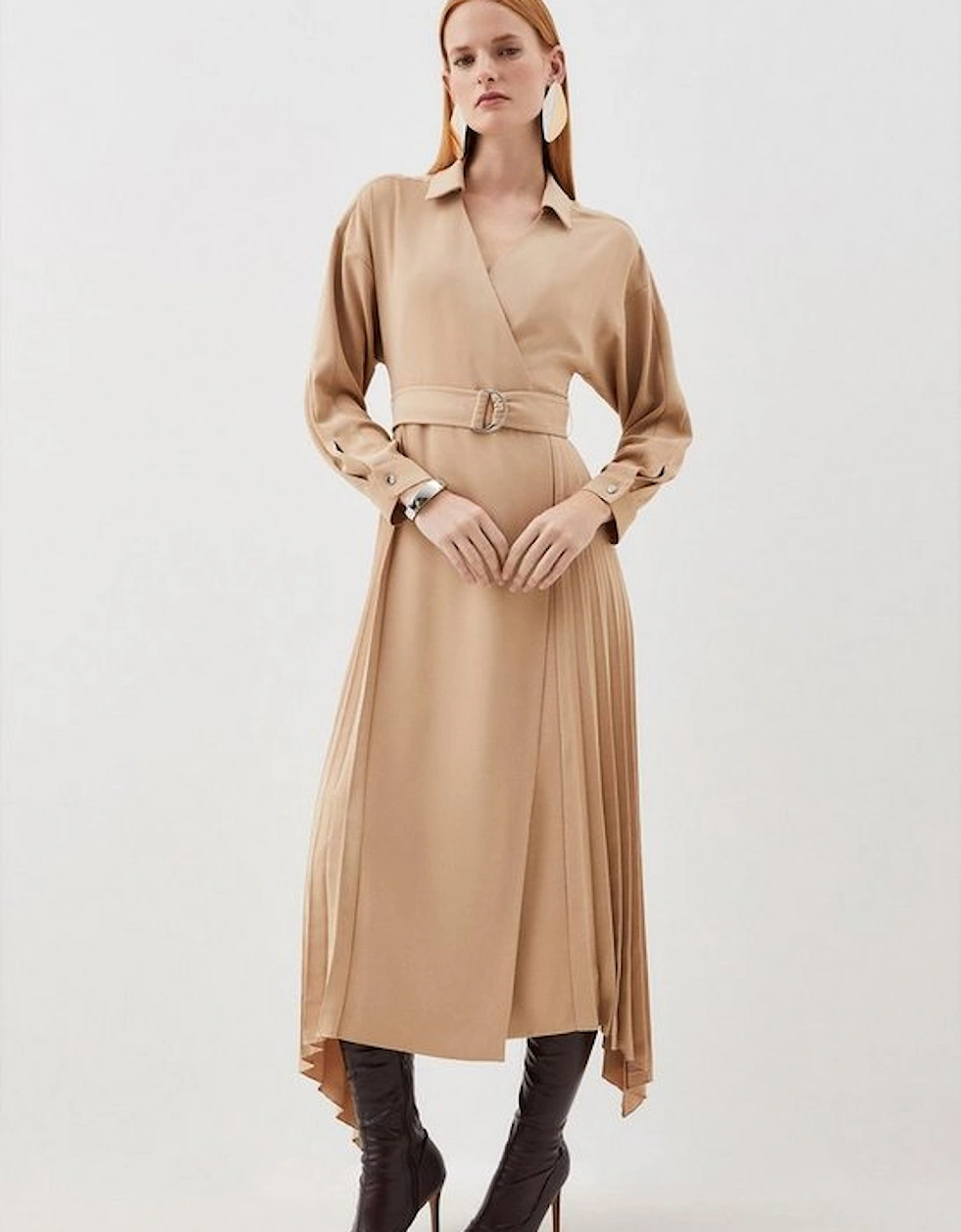 Soft Tailored Pleat Detail Belted Shirt Dress, 5 of 4