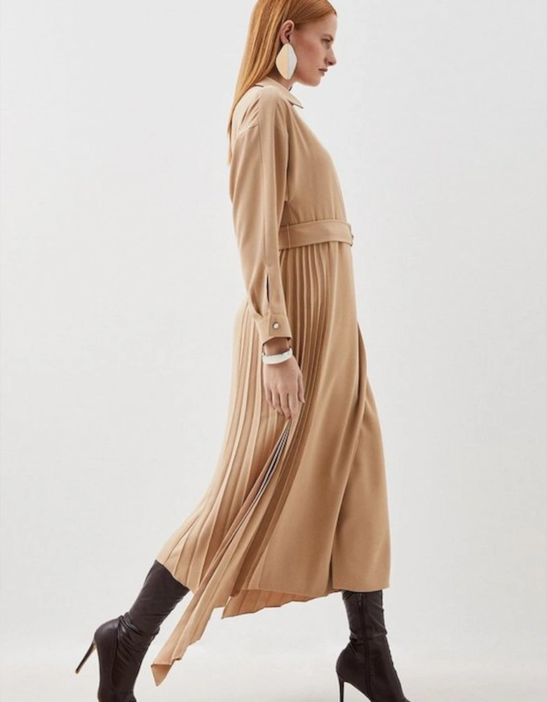 Soft Tailored Pleat Detail Belted Shirt Dress