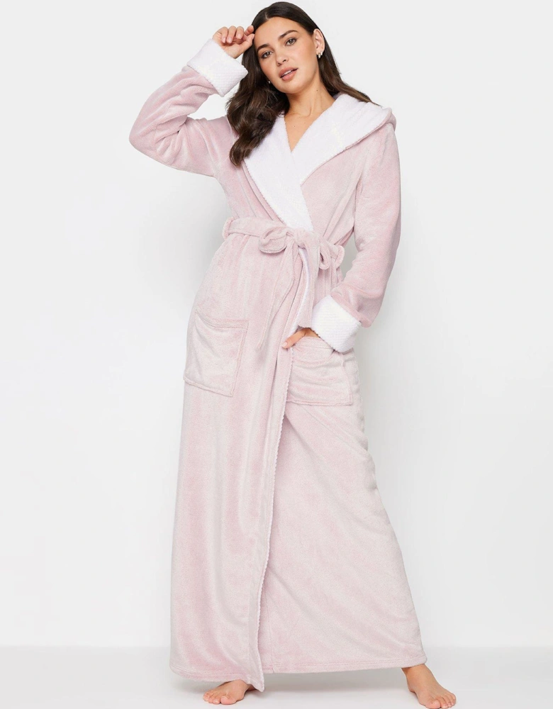 Contrast Waffle Trim Hooded Maxi Robe - Pink