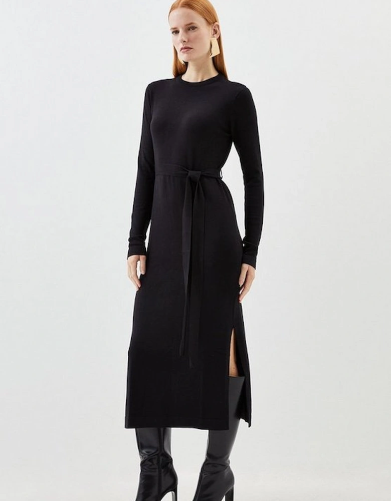 Viscose Blend Belted Knitted Midi Dress