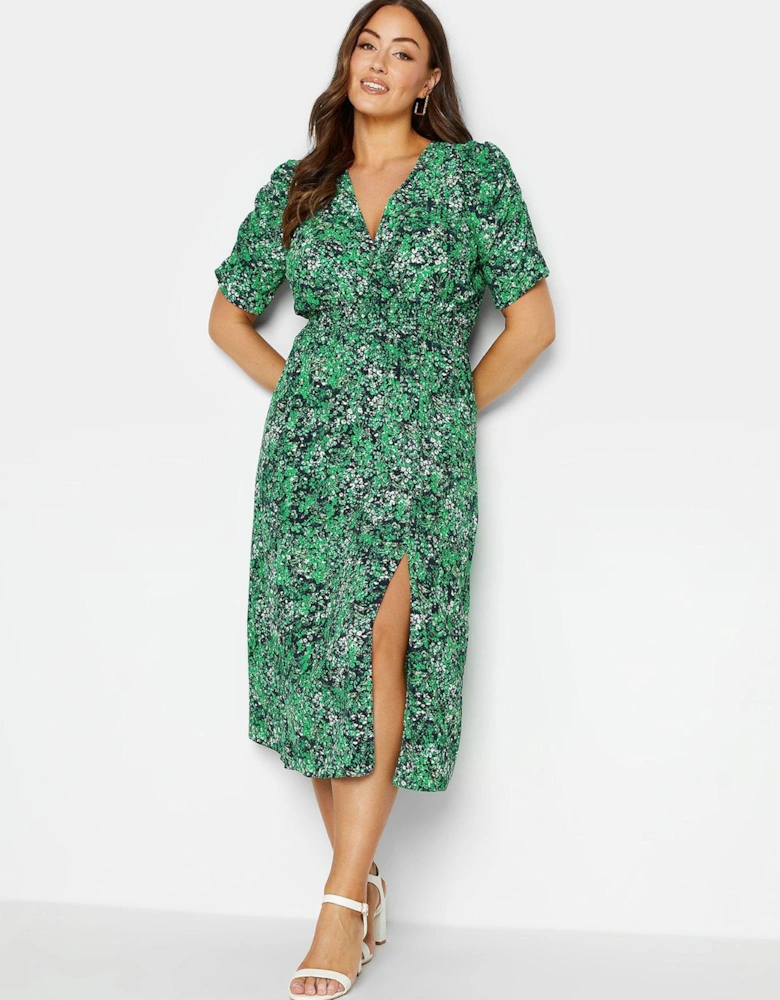 Floral Shirred Waist Ruched Sleeve Dress