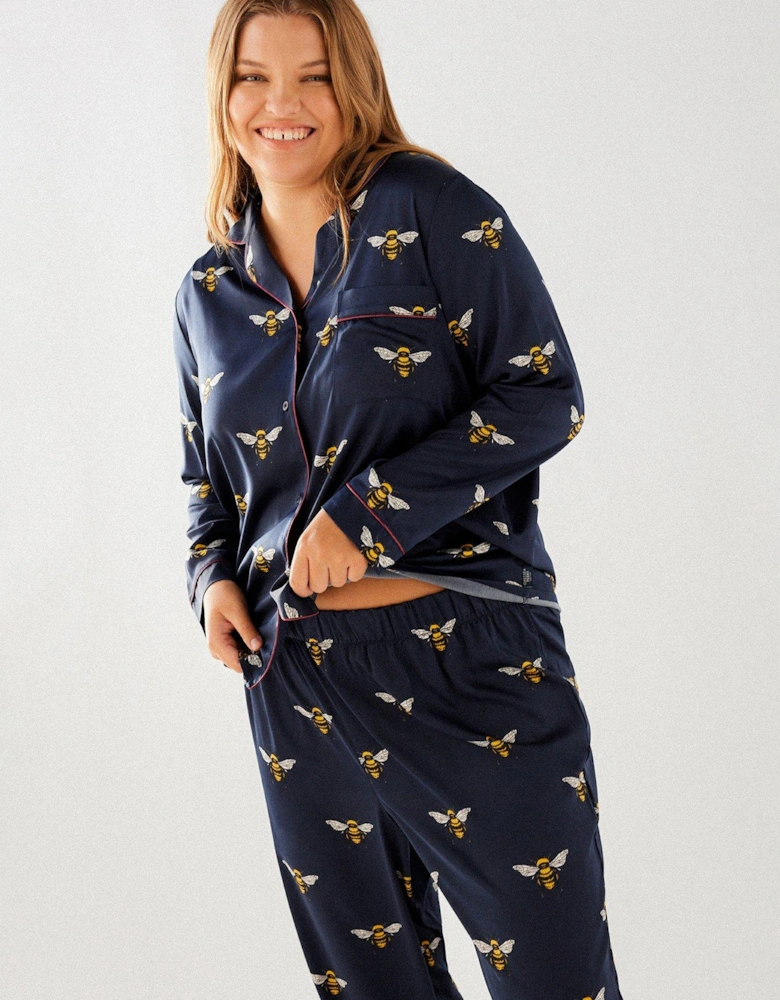Curve Navy Bee Satin Button Up Long Pyjama Set
