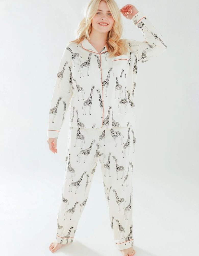 Curve Cotton Cream Giraffe Print Revere Collar Button Up Long Pyjama Set