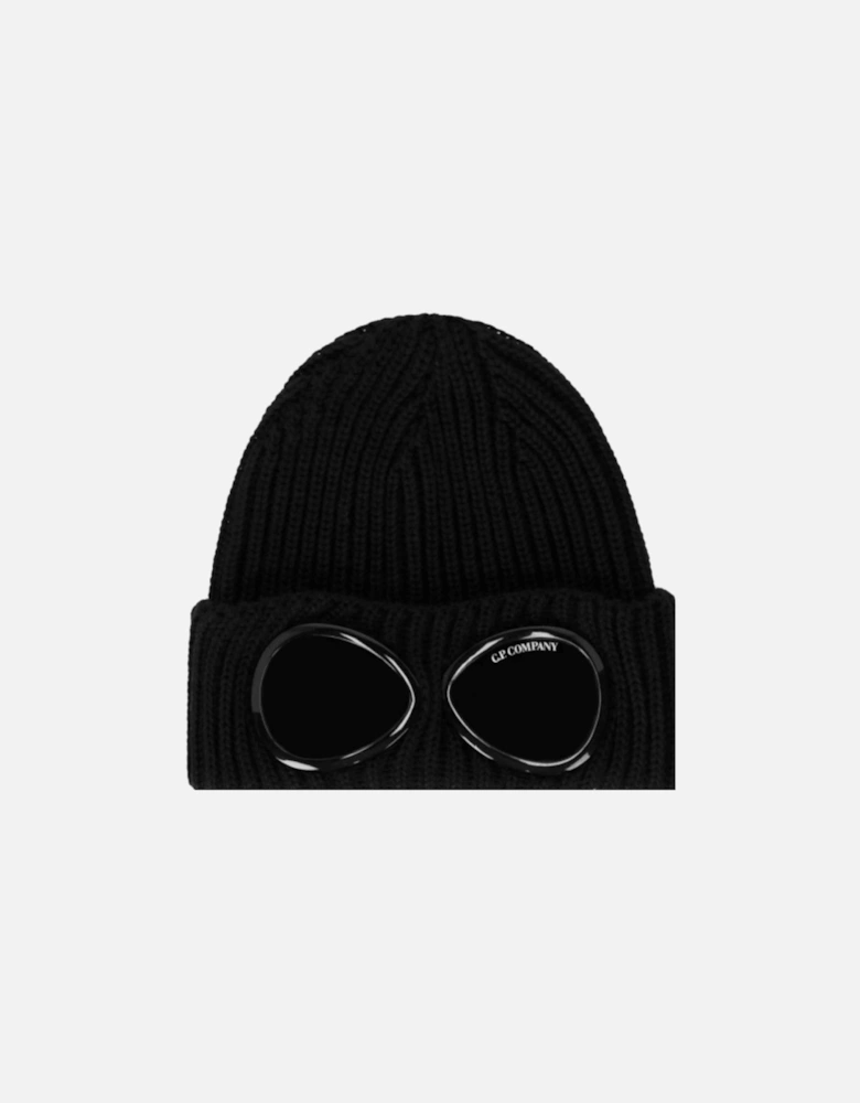 Cotton Goggle Logo Ribbed Black Beanie