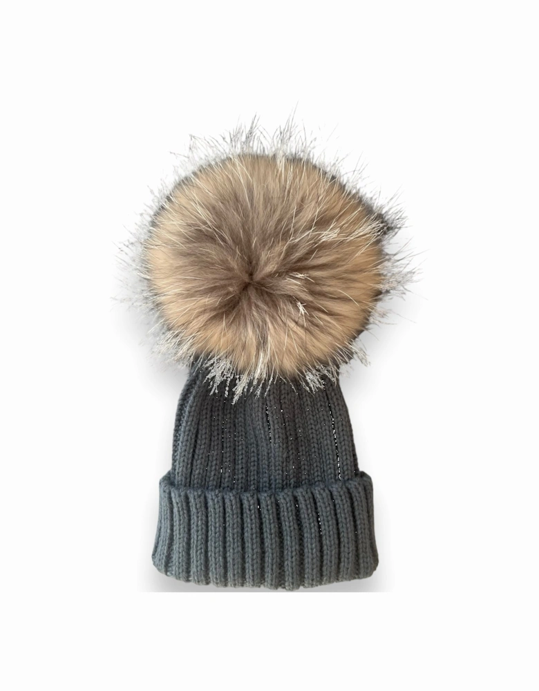 Grey Knit Real Fur Hat