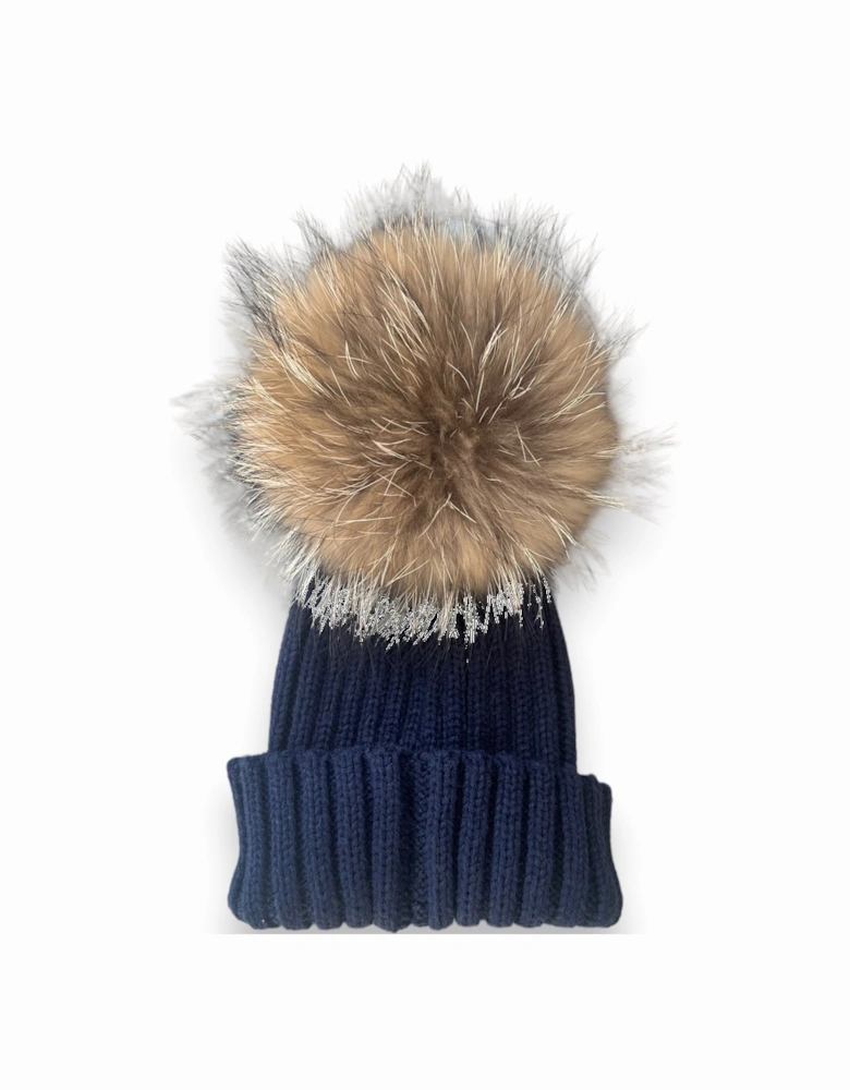 Navy Knit Real Fur Hat