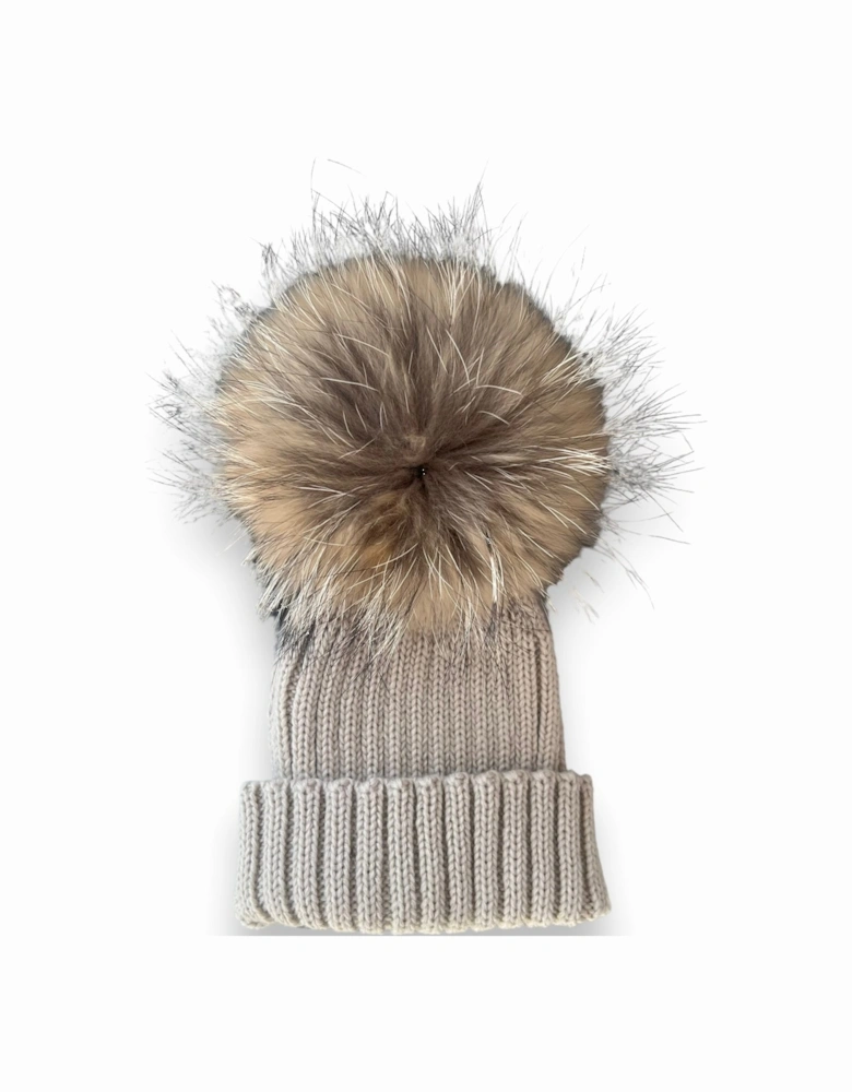 Beige Knit Real Fur Hat