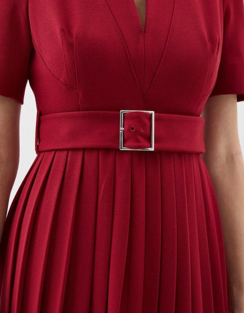 Tailored Structured Crepe Forever Pleat Belted Midi Dress