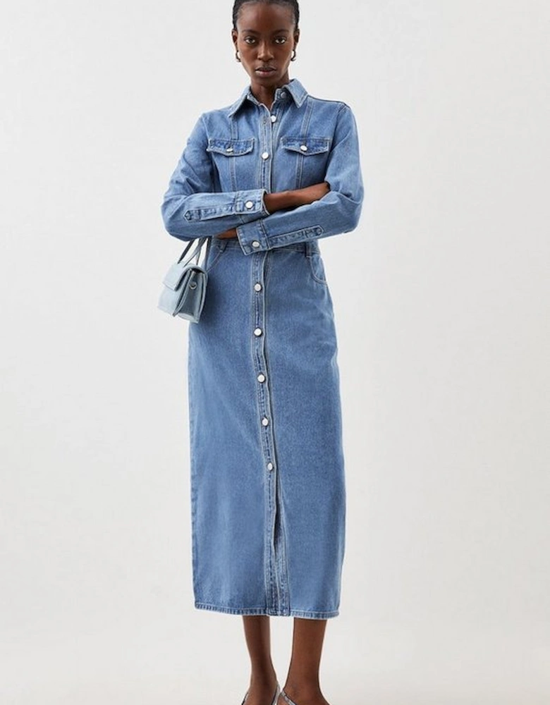 Denim Long Sleeve Midi Shirt Dress