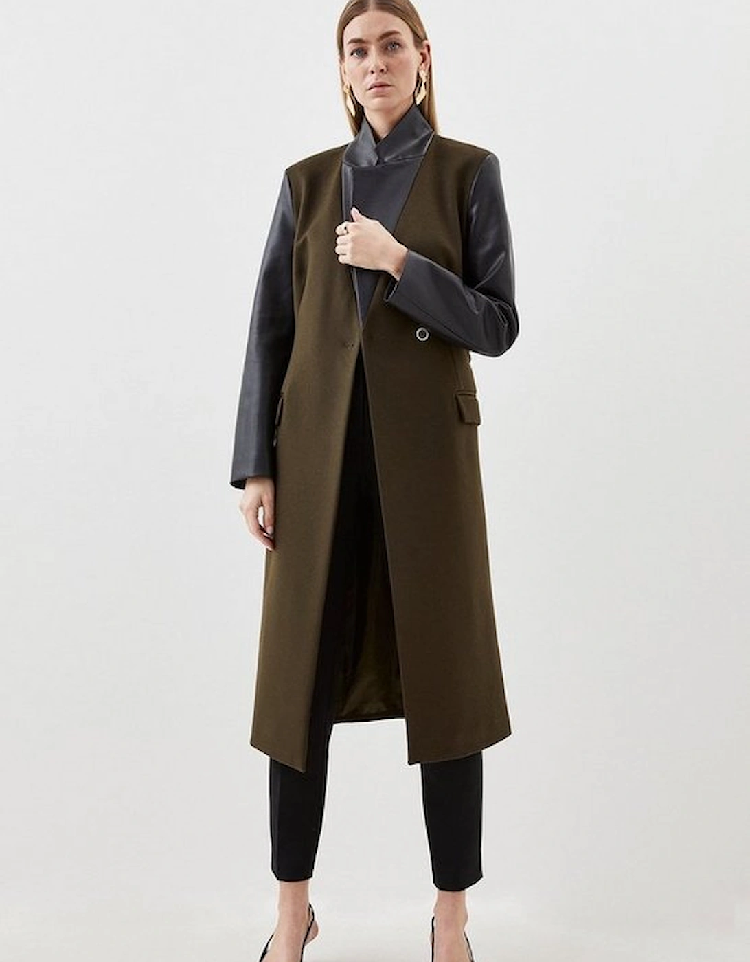 Italian Manteco Wool Pu Contrast Detail Belted Coat, 5 of 4